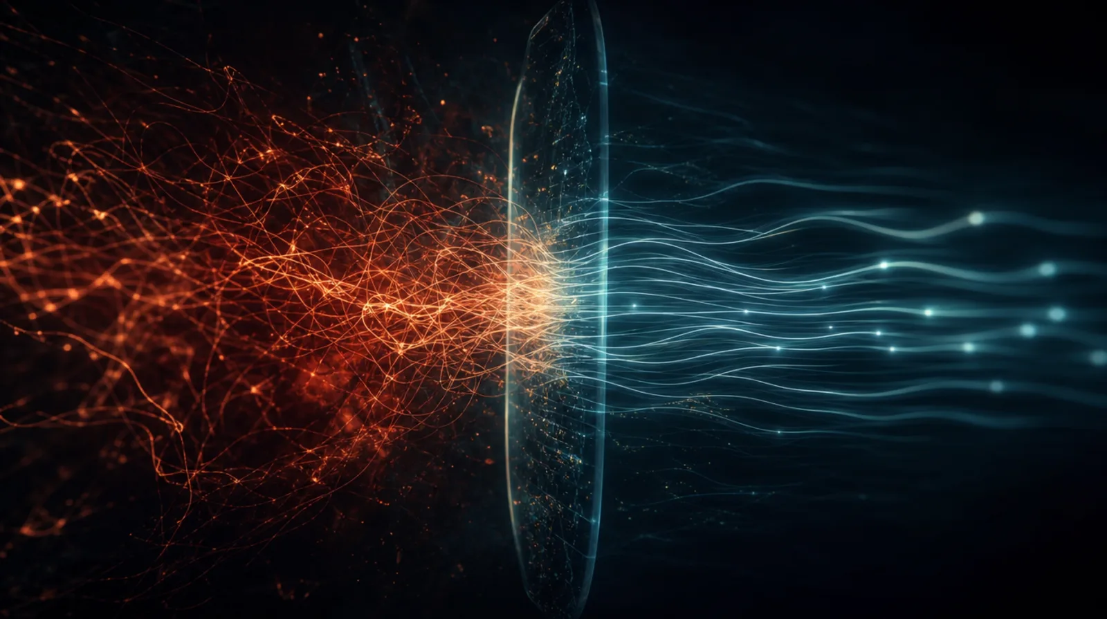 A glowing mesh of chaotic red data streams meeting a translucent barrier and emerging as ordered blue pulses.