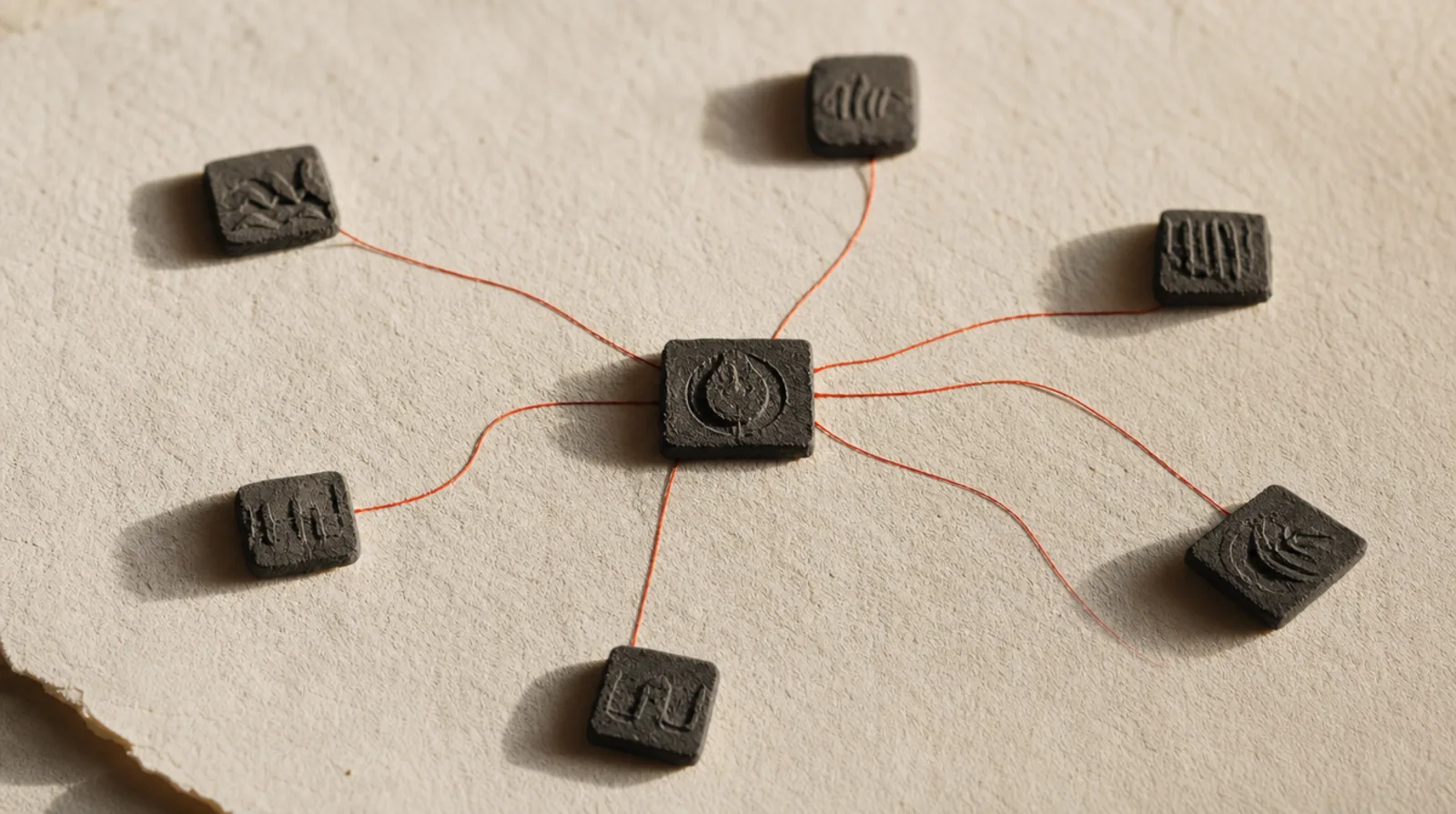 Separate cast tiles on warm paper joined by ember threads through one central tile.