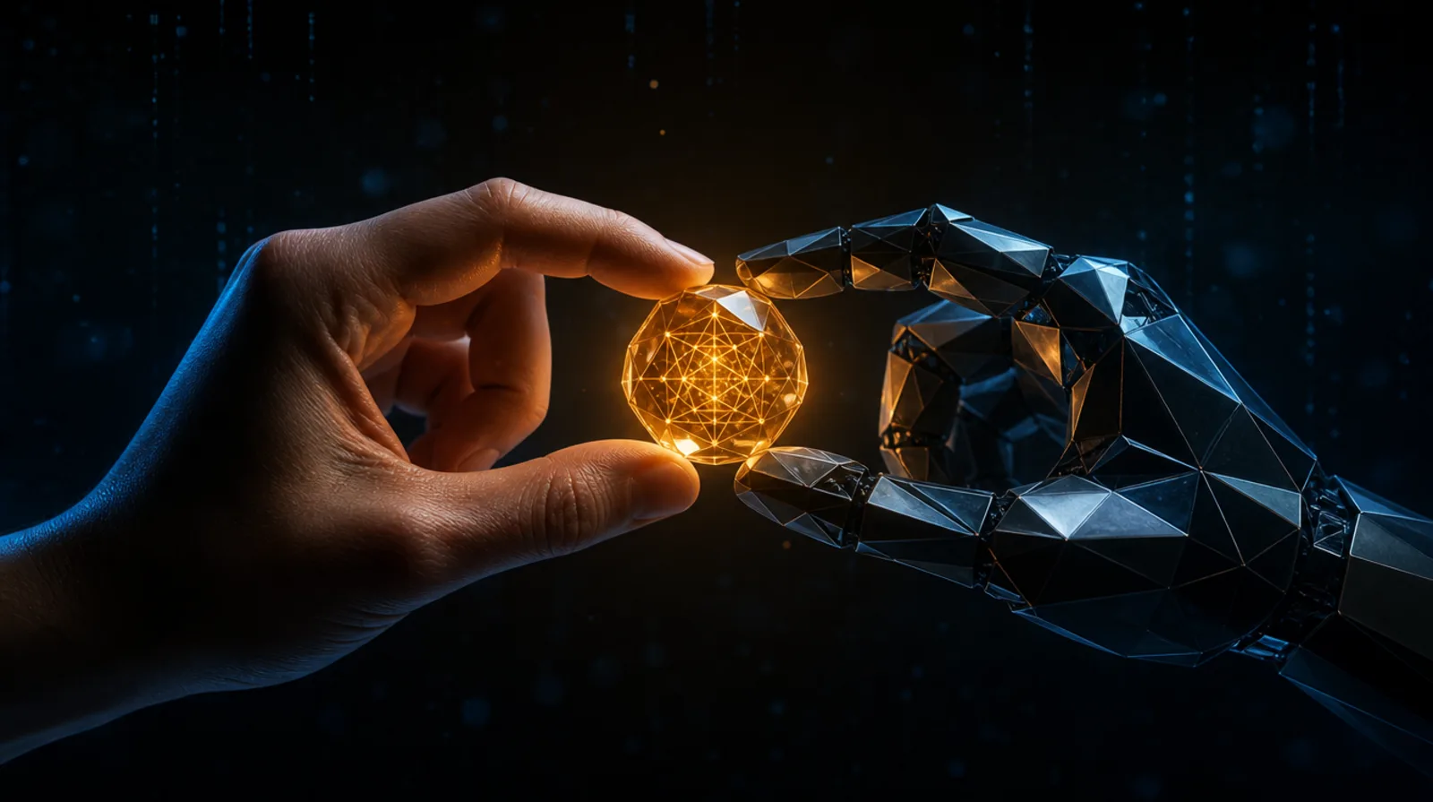 A human hand and a geometric robotic hand holding a glowing amber crystal between them at equal height.
