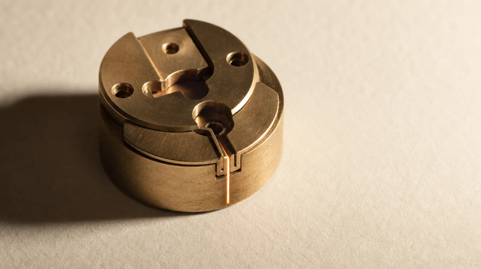 A precise brass latch on warm paper at the moment of release, lit by a single ember line.