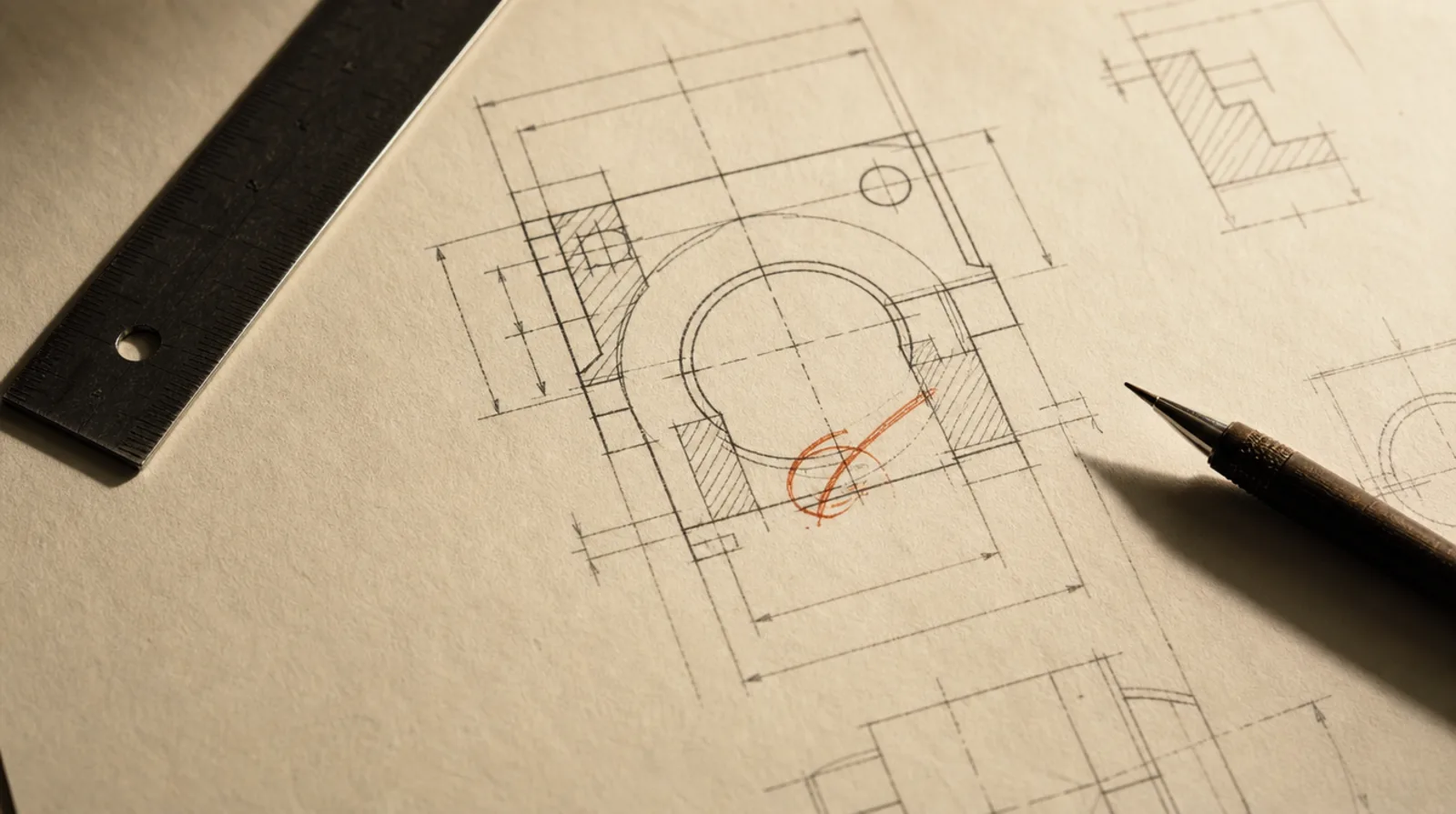 A precise drawing on warm paper with one hand-made ember correction mark over a charcoal line.