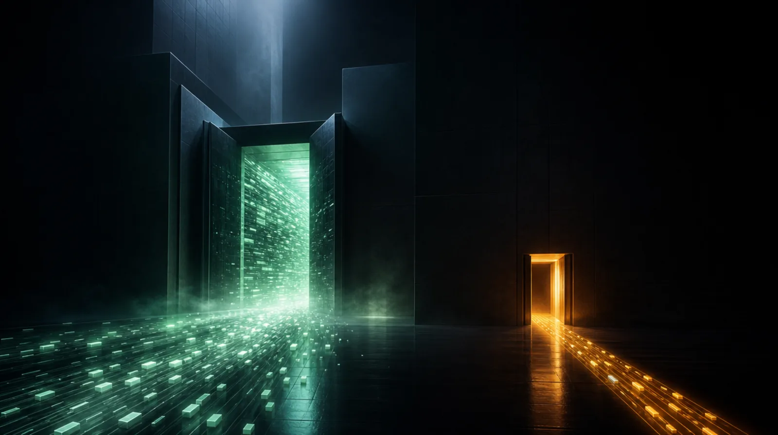 A monumental open gateway glowing cold green beside a small precise doorway glowing warm amber, both set in a dark wall.